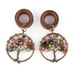 0G 8mm Multicolor Tourmaline Tree of Life Wood Dangle Ear Gauges Piercing Flesh Tunnels Plugs Stretching Kit Expander