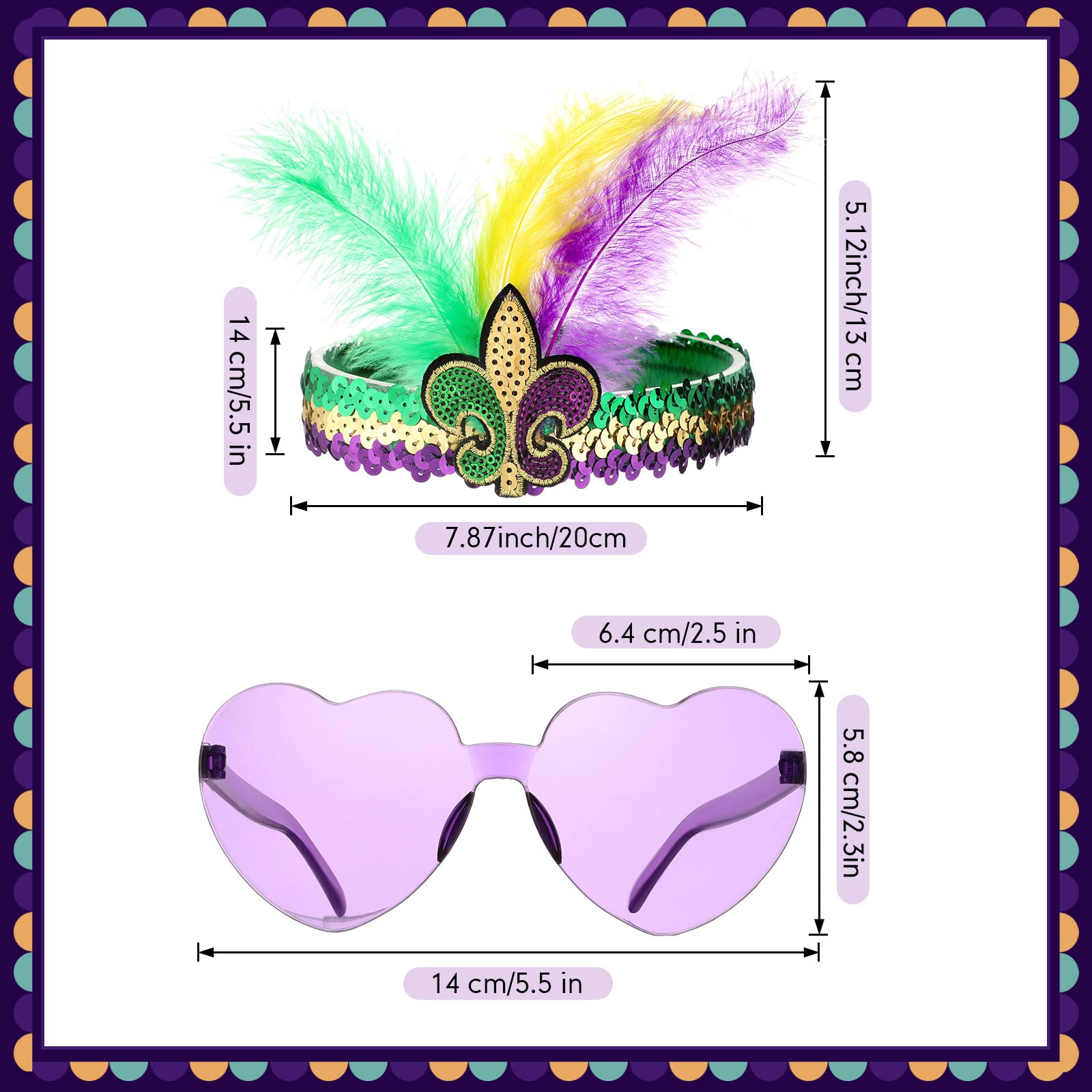 6 Pcs Mardi Gras Feather Headband Heart Shape Sunglasses Set Purple Yellow Green Glitter Feather Sequin Fascinators Rimless Heart Sunglasses Mardi Gras Glasses for Masquerade Party Carnival Cocktail