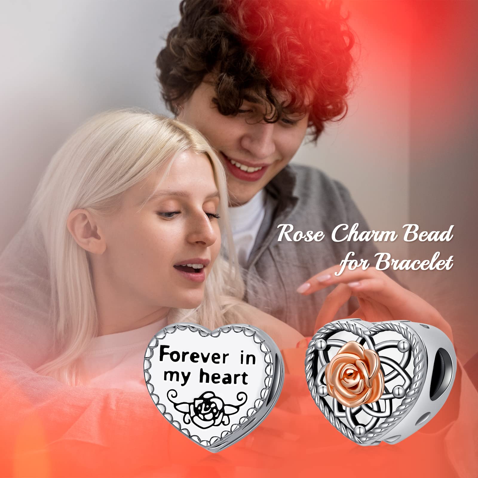 MBSUUH Personalized Rose Birth Flower Photo Charms Fit Snake Bracelet Necklace 925 Sterling Silver Customized Heart Shape Floral Picture Bead Christmas Charm