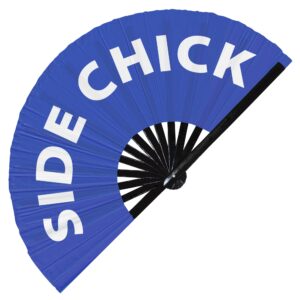 Side Chick hand fan foldable bamboo circuit hand fan funny gag slang words expressions statement gifts Festival accessories Rave handheld Circuit event fan Clack fans (Blue)