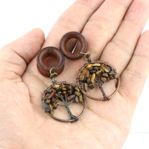 0G 8mm Tigereye Stone Tree of Life Wood Dangle Ear Gauges Piercing Flesh Tunnels Plugs Stretching Kit Expander