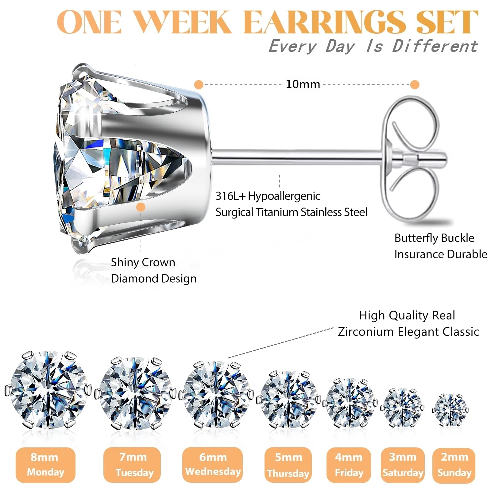 Silver Gold Black Stud Earrings Set 7Pairs Hypoallergenic Cubic Zirconia Titanium Stainless Steel Silver Rose Gold Black CZ Cartilage Stud Earrings Jewelry Sets for Women Men, 2-8mm CZ Stud Earrings