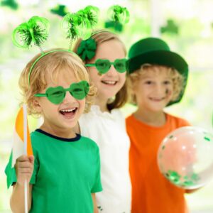 12 Pcs St. Patrick's Day Costume Set Green Headband Tinsel Wrapped Ponytails Headbands Rimless Transparent Heart Glasses Heart Shape Sunglasses for Girls Kids Women Men