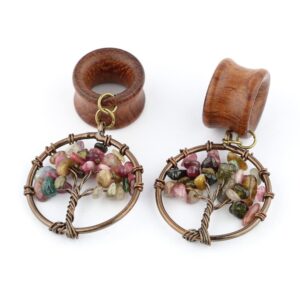 0G 8mm Multicolor Tourmaline Tree of Life Wood Dangle Ear Gauges Piercing Flesh Tunnels Plugs Stretching Kit Expander