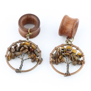 0G 8mm Tigereye Stone Tree of Life Wood Dangle Ear Gauges Piercing Flesh Tunnels Plugs Stretching Kit Expander