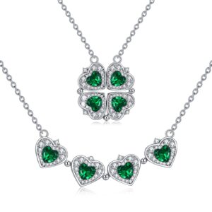 POPLYKE Sterling Silver Lucky Four Leaf Clover Necklace for Women Green Cubic Zirconia Folding Heart Love Pendant Necklace