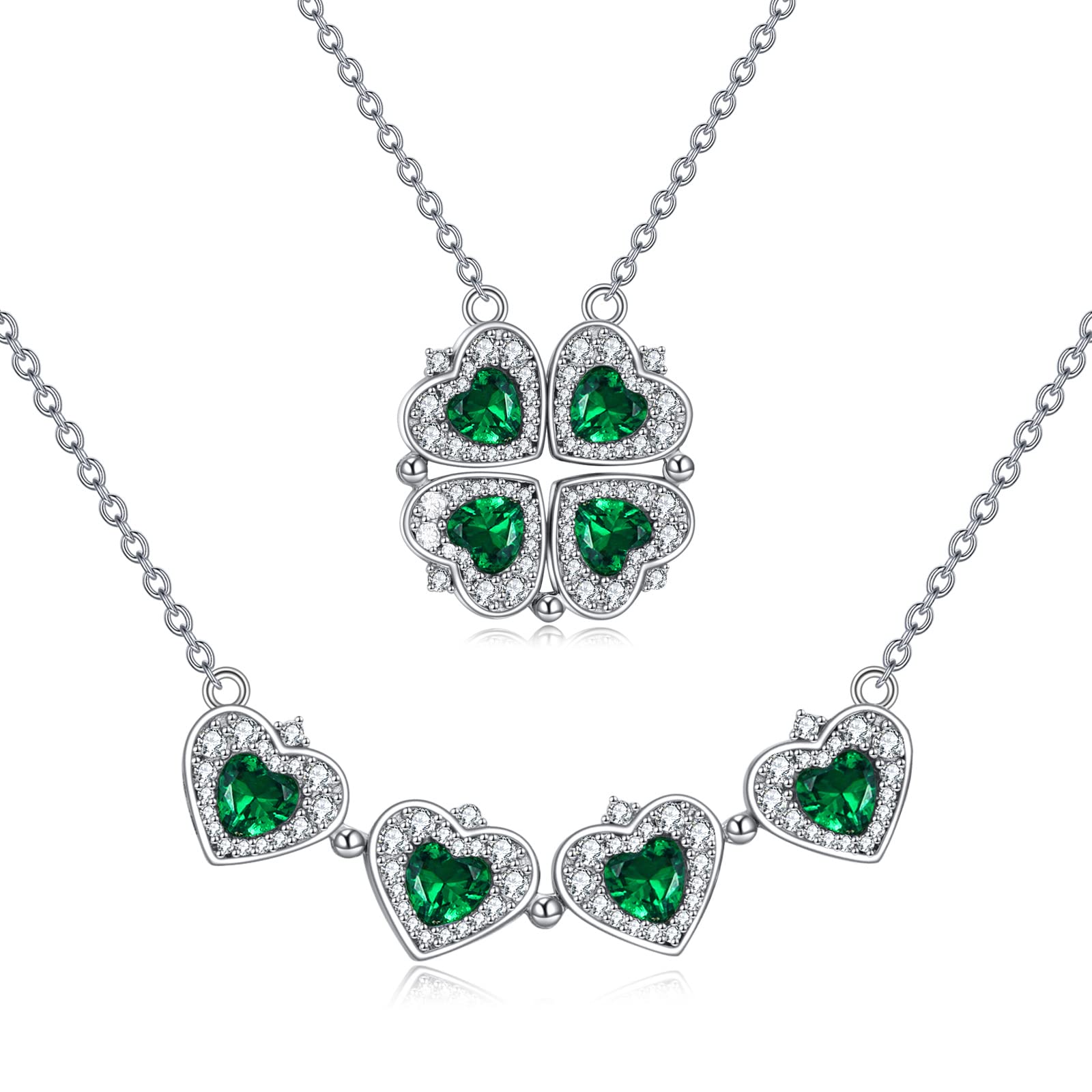 POPLYKE Sterling Silver Lucky Four Leaf Clover Necklace for Women Green Cubic Zirconia Folding Heart Love Pendant Necklace