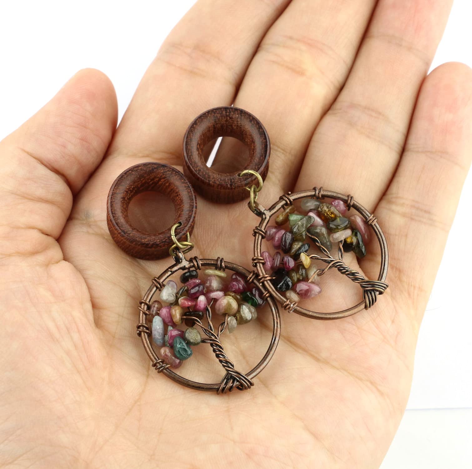 0G 8mm Multicolor Tourmaline Tree of Life Wood Dangle Ear Gauges Piercing Flesh Tunnels Plugs Stretching Kit Expander