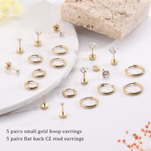 THUNARAZ 10 Pairs Earrings Sets for Multiple Piercing Small Gold Huggie Hoop Earrings Stainless Steel 20G Flat Back Tiny CZ Stud Earrings for Cartilage Hypoallergenic