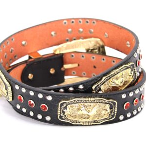 West Star Concho Genuine Leather Belt Mens Women Western Cowboy Leather Belt-Rooster Black Red XL