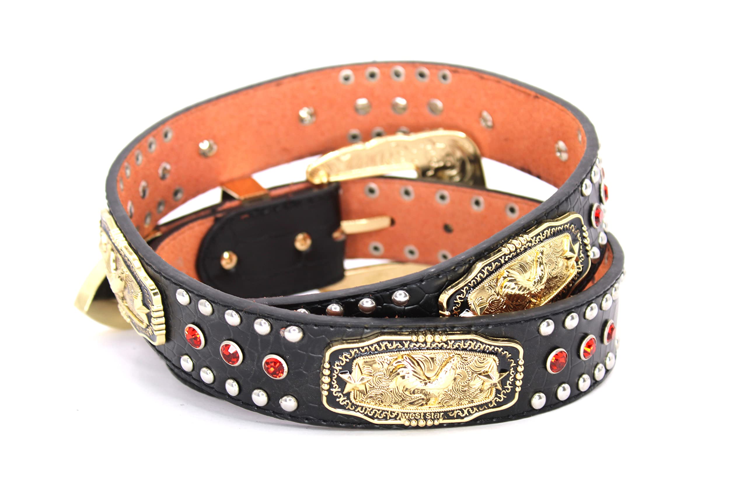 West Star Concho Genuine Leather Belt Mens Women Western Cowboy Leather Belt-Rooster Black Red XL