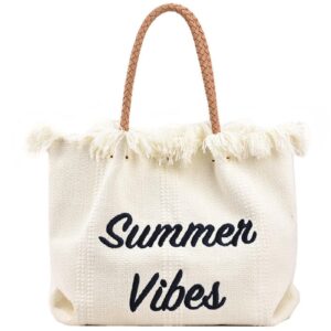 weiiyonn large beach bag tote bag for women summer vibe shoulder bag with tassels aesthetic handbag for vacation holidays (white)