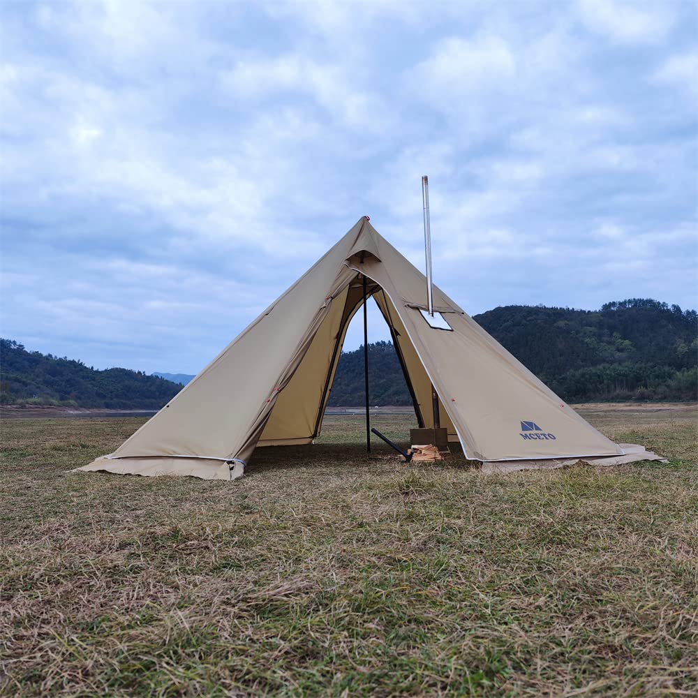 Vilemoon Tipi Hot Tent with Fire Retardant Stove Jack for Flue Pipes, 5~8 Person, Teepee Tents for Family Team Outdoor Backpacking Camping Hiking (Brown)