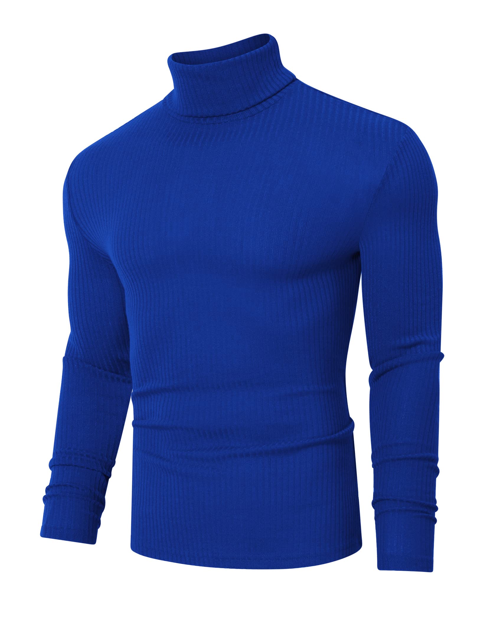 TURETRENDY Men's Stretch Muscle Tshirts Turtleneck Long Sleeve Knit Tees Casual Slim Fit Basic Shirt Tops Royal Blue 2XL