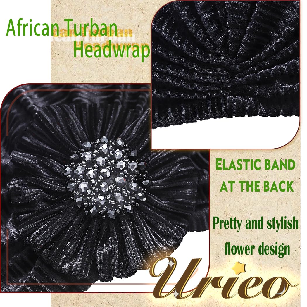 Urieo Women Turban Flower Caps Knot Pre-tie Beanie Head Wrap Black Headwrap Hat