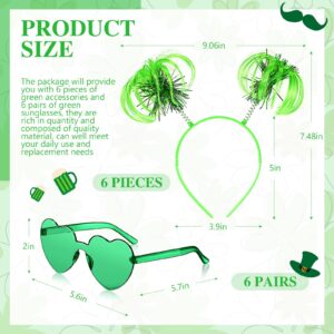 12 Pcs St. Patrick's Day Costume Set Green Headband Tinsel Wrapped Ponytails Headbands Rimless Transparent Heart Glasses Heart Shape Sunglasses for Girls Kids Women Men