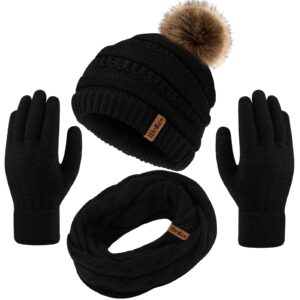 Hicdaw Womens Winter Hats Gloves Scarf Set Winter Hats for Women Beanie Hat Circle Loop Scarf Glove, Black