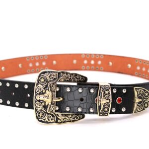 West Star Concho Genuine Leather Belt Mens Women Western Cowboy Leather Belt-Rooster Black Red XL