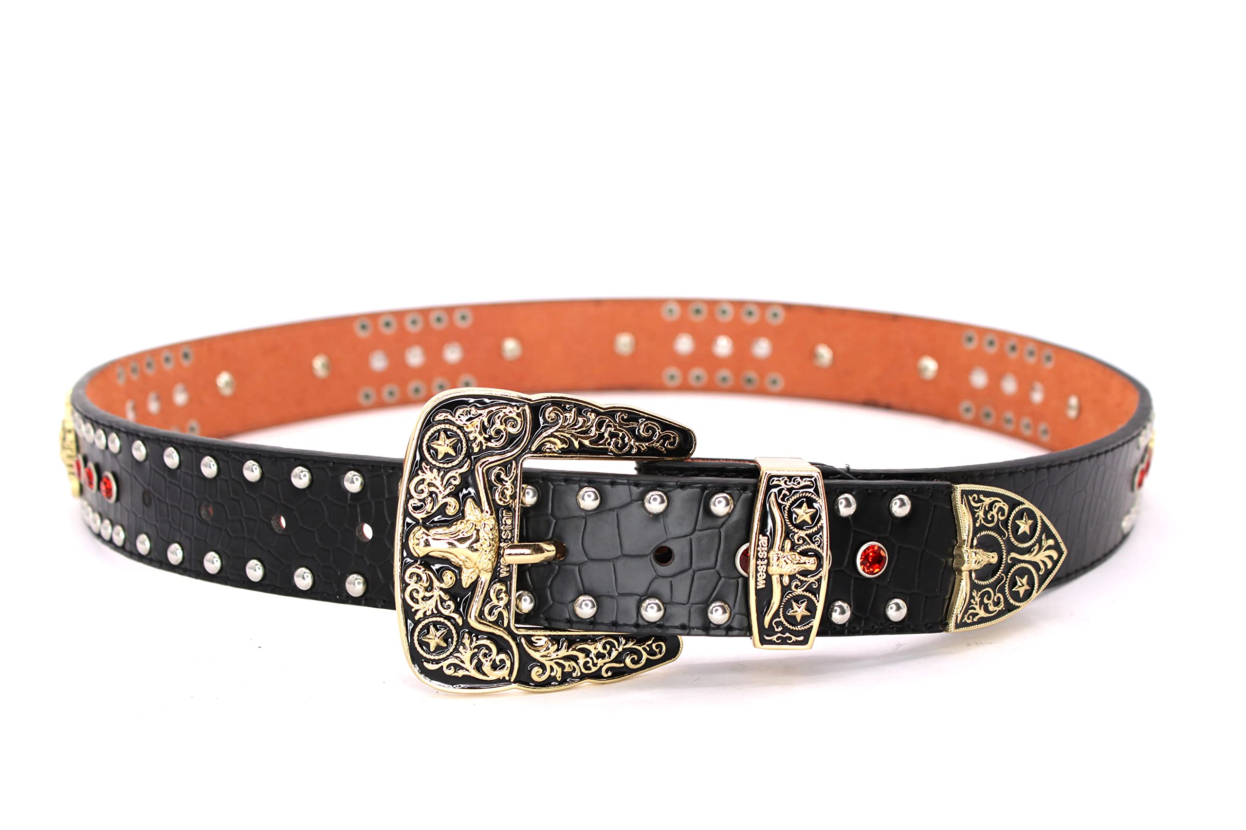 West Star Concho Genuine Leather Belt Mens Women Western Cowboy Leather Belt-Rooster Black Red XL