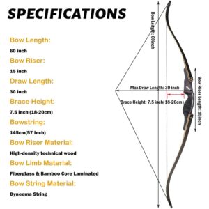 ZSHJGJR Archery 60 Inch Black Hunter Original Recurve Bow and Arrow Set for Adults American Hunting Longbow Archery Bow 25-60lbs Right Handed for Archery Hunting Target Shooting (30lbs, Bow Set)