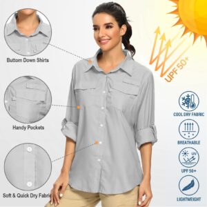 Women's Fishing Shirt UPF 50 Hiking Shirt SPF Quick Dry Long Sleeve Shirt Sun Protection Button Up,F5026,Grey,L