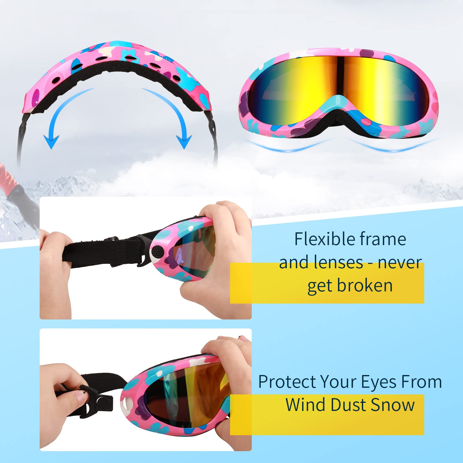 8 Pcs Ski Goggles with Glasses Cloths, UV Protection Snowboard Goggles Dustproof Anti Fog Snow Goggles for Kids Adults Men Women Boys Girls Teens Winter Sports, 8 Colors