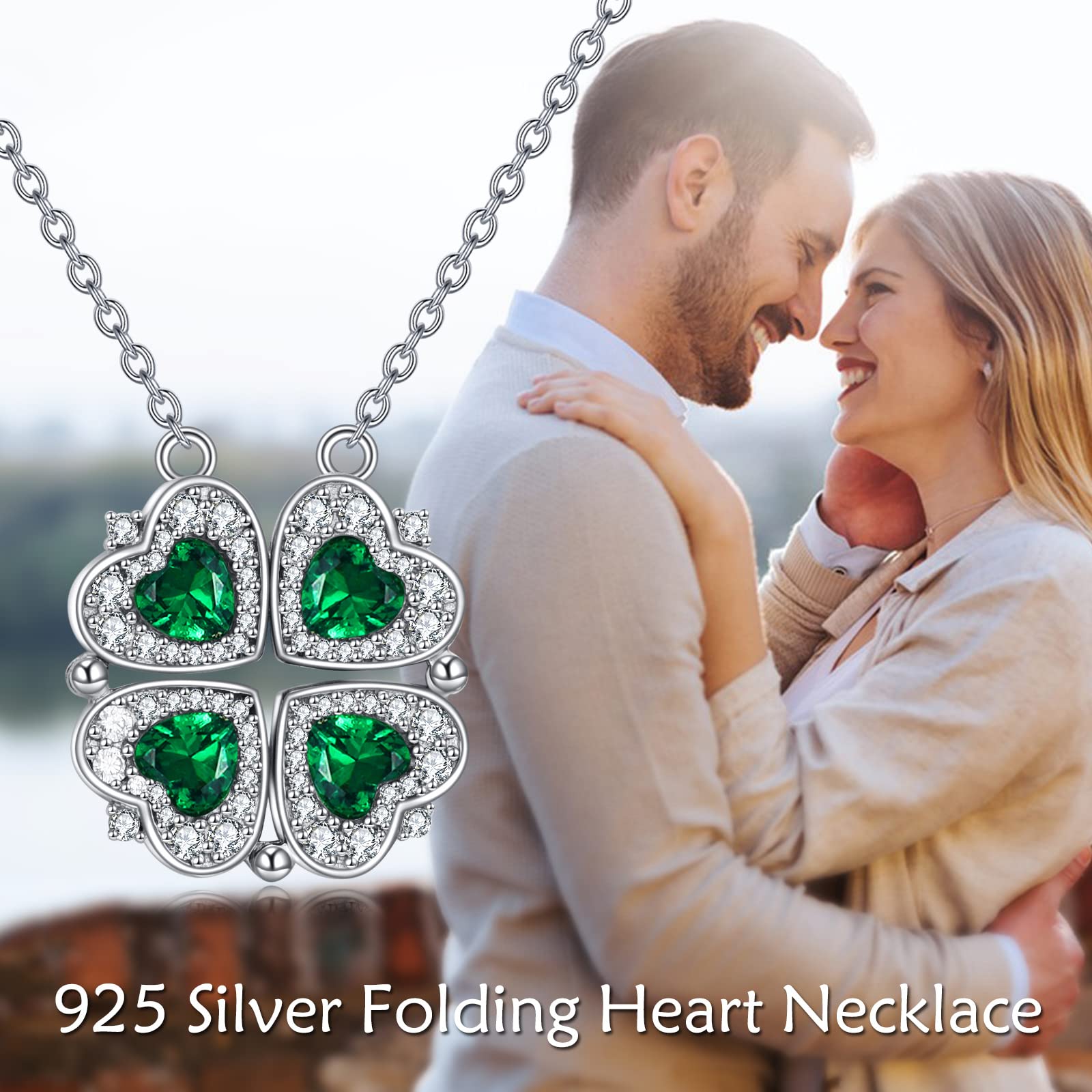 POPLYKE Sterling Silver Lucky Four Leaf Clover Necklace for Women Green Cubic Zirconia Folding Heart Love Pendant Necklace