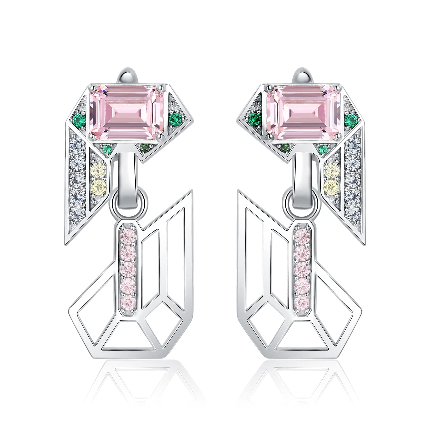 JewelryPalace Emerald Cut 6.3ct Pink Cubic Zirconia Dangle Earrings for Women, Openable geometric 925 Sterling Silver 14k Gold Plated Earrings for Her, Art Deco Gemstones Jewelry Sets for Women