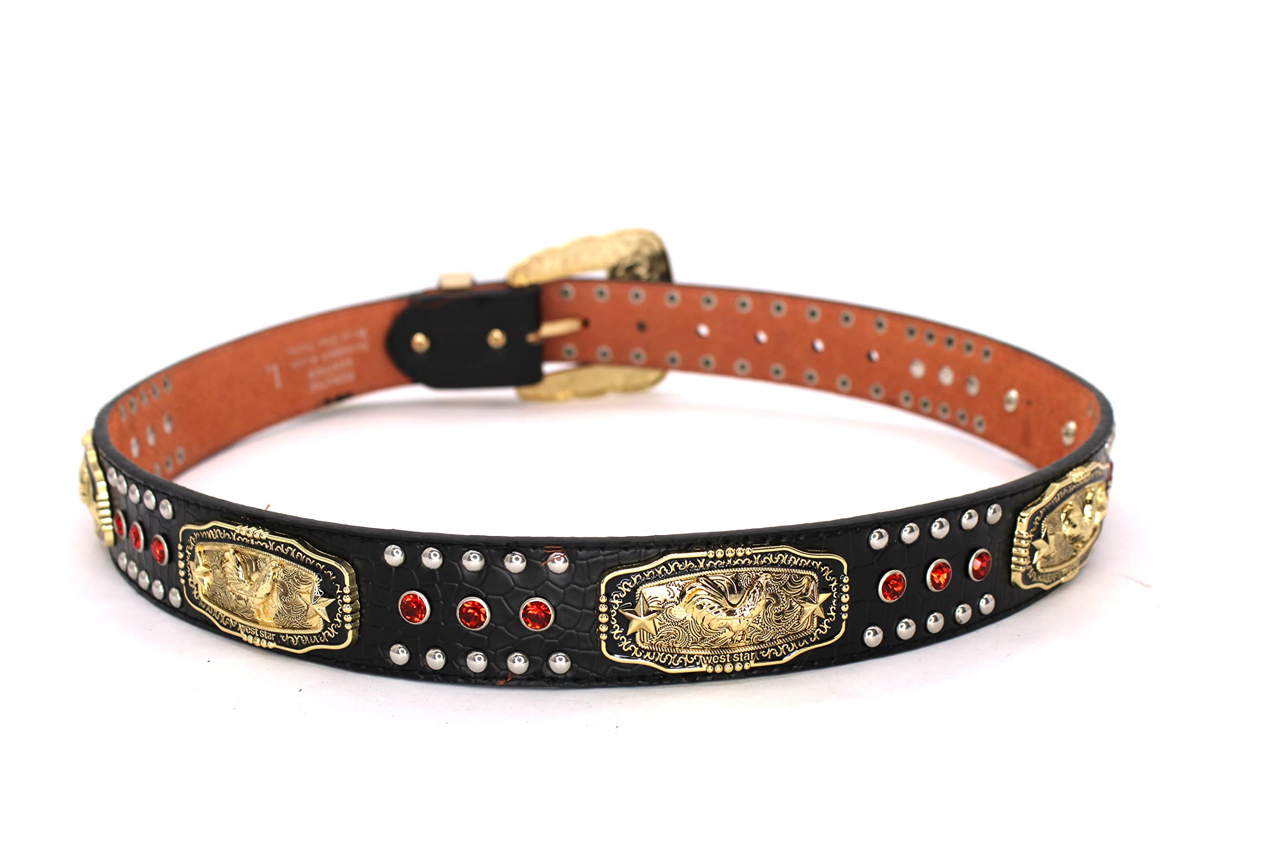 West Star Concho Genuine Leather Belt Mens Women Western Cowboy Leather Belt-Rooster Black Red XL