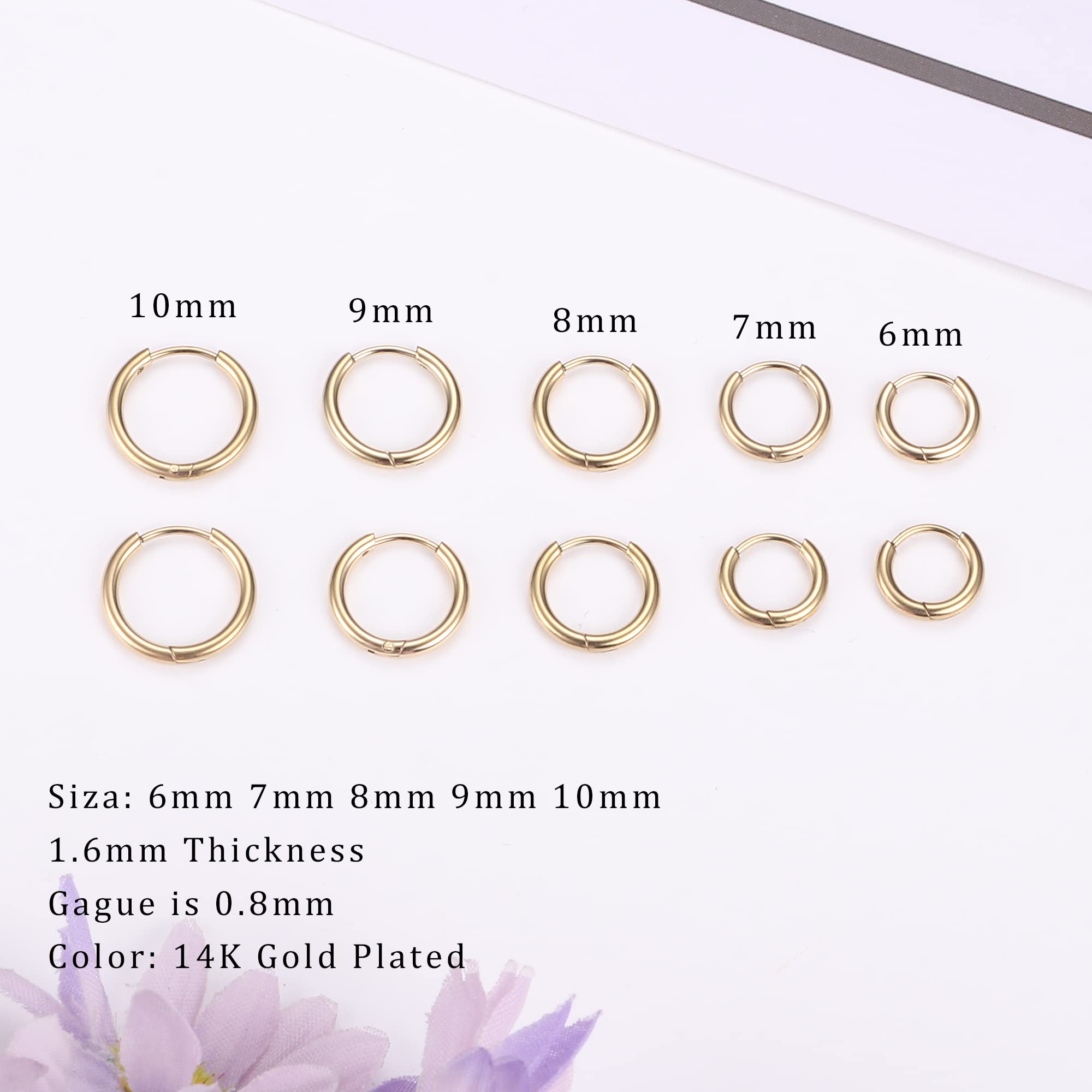 THUNARAZ 10 Pairs Earrings Sets for Multiple Piercing Small Gold Huggie Hoop Earrings Stainless Steel 20G Flat Back Tiny CZ Stud Earrings for Cartilage Hypoallergenic