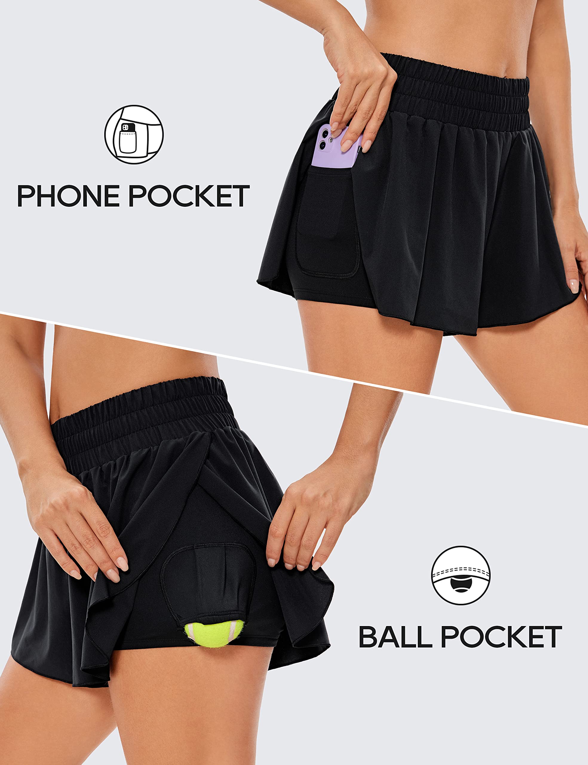 CRZ YOGA 2 in 1 Flowy Running Shorts for Women High Waisted Quick Dry Athletic Gym Lounge Workout Shorts Cute Tennis Skirts Black Medium