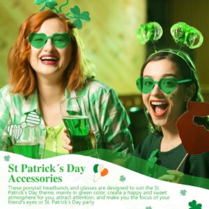 12 Pcs St. Patrick's Day Costume Set Green Headband Tinsel Wrapped Ponytails Headbands Rimless Transparent Heart Glasses Heart Shape Sunglasses for Girls Kids Women Men