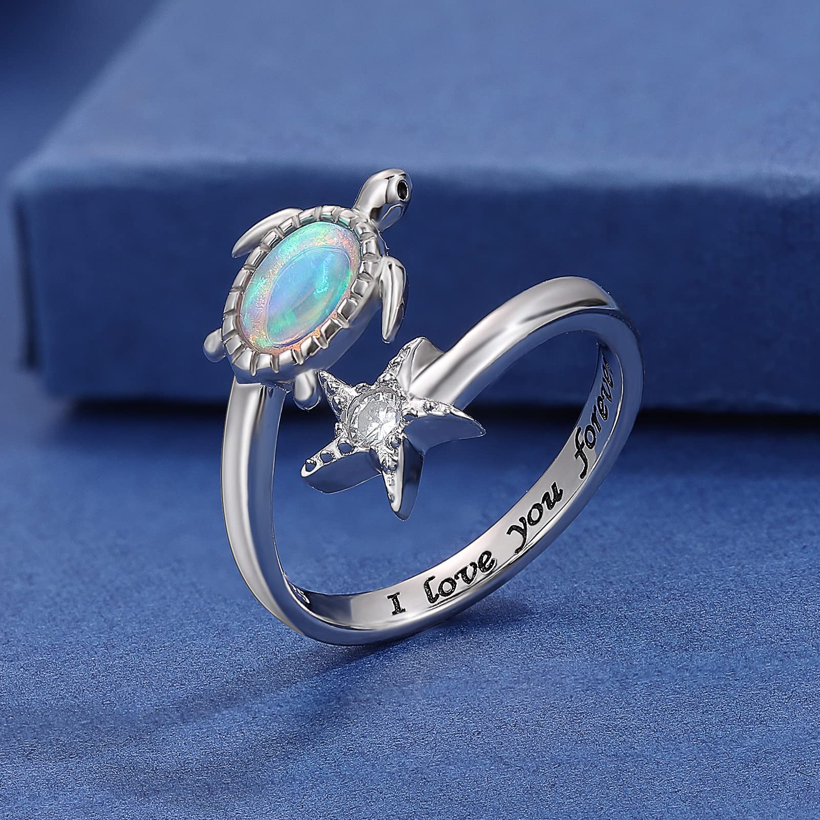 925-Sterling-Silver Opal Turtle Ring for Women - Adjustable Sea Turtle Starfish Ring Ocan Animal Ring Turtle Jewelry Christmas Birthday Gift for Daughter Wife