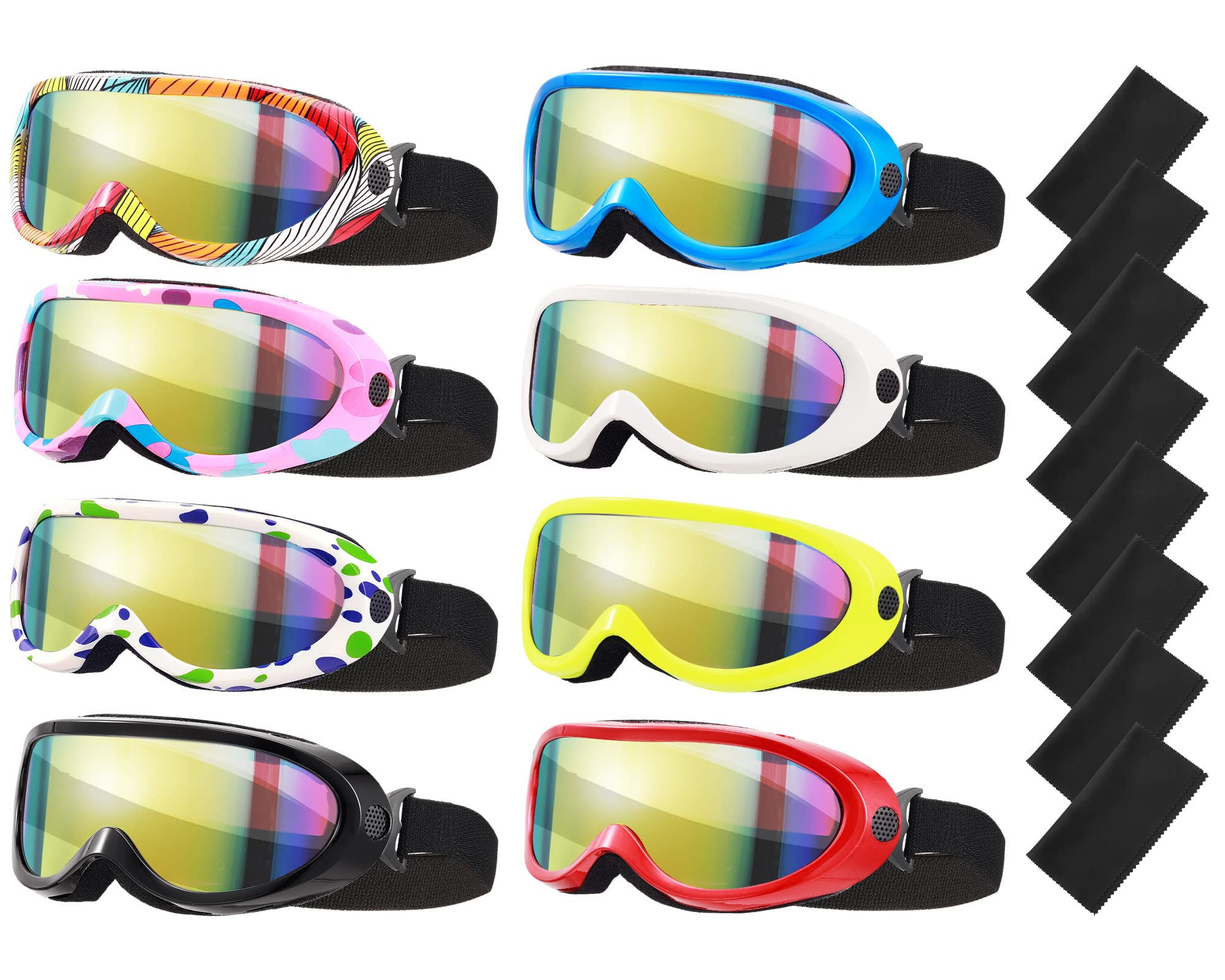 8 Pcs Ski Goggles with Glasses Cloths, UV Protection Snowboard Goggles Dustproof Anti Fog Snow Goggles for Kids Adults Men Women Boys Girls Teens Winter Sports, 8 Colors