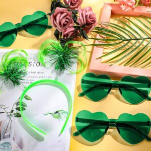 12 Pcs St. Patrick's Day Costume Set Green Headband Tinsel Wrapped Ponytails Headbands Rimless Transparent Heart Glasses Heart Shape Sunglasses for Girls Kids Women Men