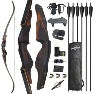 ZSHJGJR Archery 60 Inch Black Hunter Original Recurve Bow and Arrow Set for Adults American Hunting Longbow Archery Bow 25-60lbs Right Handed for Archery Hunting Target Shooting (30lbs, Bow Set)