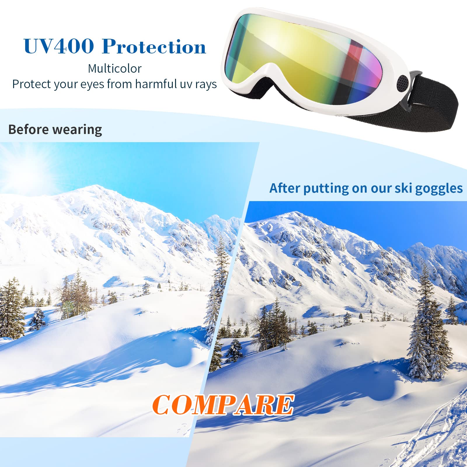 8 Pcs Ski Goggles with Glasses Cloths, UV Protection Snowboard Goggles Dustproof Anti Fog Snow Goggles for Kids Adults Men Women Boys Girls Teens Winter Sports, 8 Colors