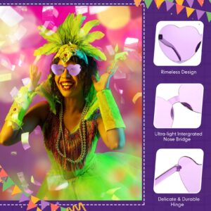 6 Pcs Mardi Gras Feather Headband Heart Shape Sunglasses Set Purple Yellow Green Glitter Feather Sequin Fascinators Rimless Heart Sunglasses Mardi Gras Glasses for Masquerade Party Carnival Cocktail