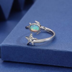 925-Sterling-Silver Opal Turtle Ring for Women - Adjustable Sea Turtle Starfish Ring Ocan Animal Ring Turtle Jewelry Christmas Birthday Gift for Daughter Wife