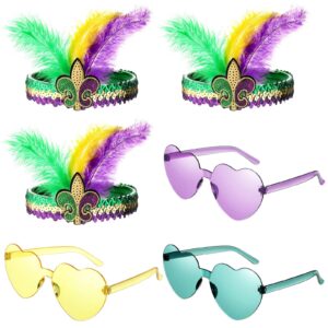 6 Pcs Mardi Gras Feather Headband Heart Shape Sunglasses Set Purple Yellow Green Glitter Feather Sequin Fascinators Rimless Heart Sunglasses Mardi Gras Glasses for Masquerade Party Carnival Cocktail