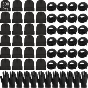 Unittype 300 Pcs Winter Beanies Gloves Scarf Set Bulk 100 Knit Skull Cap 100 Pair Winter Gloves 100 Neck Warmer for Men Women (Black)