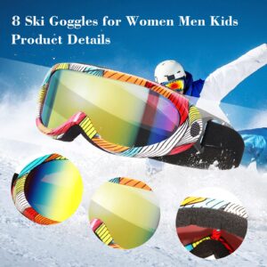 8 Pcs Ski Goggles with Glasses Cloths, UV Protection Snowboard Goggles Dustproof Anti Fog Snow Goggles for Kids Adults Men Women Boys Girls Teens Winter Sports, 8 Colors