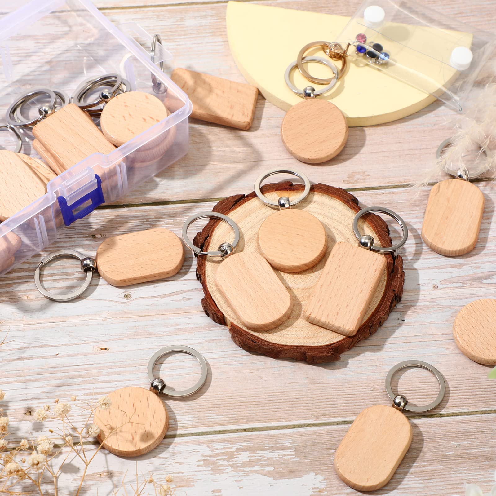 Fumete Wooden Keychain Blanks Wood Engraving Unfinished Key Chain with Storage Container for DIY Gift Craft Supplies(24 Pcs)