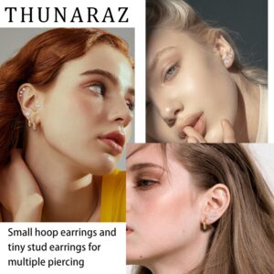 THUNARAZ 10 Pairs Earrings Sets for Multiple Piercing Small Gold Huggie Hoop Earrings Stainless Steel 20G Flat Back Tiny CZ Stud Earrings for Cartilage Hypoallergenic