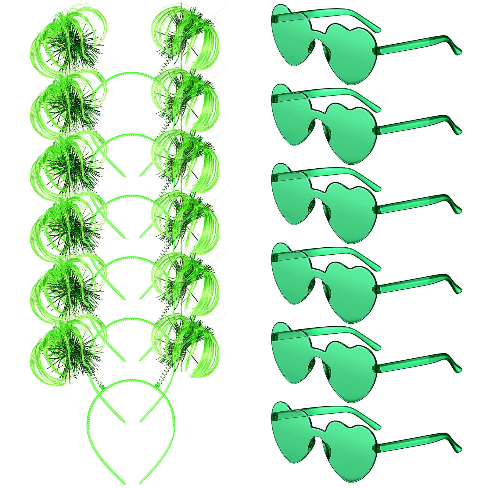 12 Pcs St. Patrick's Day Costume Set Green Headband Tinsel Wrapped Ponytails Headbands Rimless Transparent Heart Glasses Heart Shape Sunglasses for Girls Kids Women Men