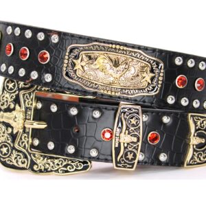 West Star Concho Genuine Leather Belt Mens Women Western Cowboy Leather Belt-Rooster Black Red XL