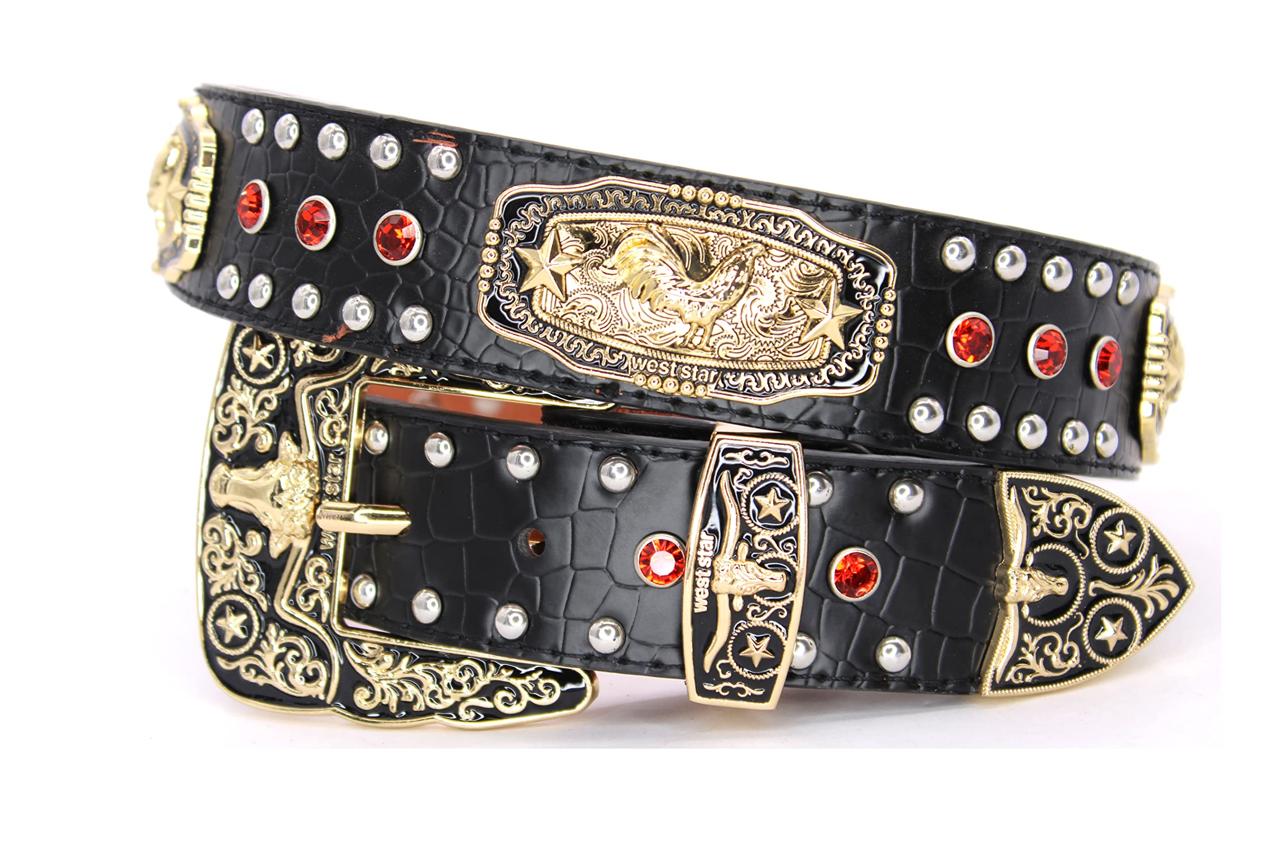 West Star Concho Genuine Leather Belt Mens Women Western Cowboy Leather Belt-Rooster Black Red XL