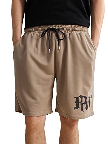 OYOANGLE Men's Letter Graphic Elastic Drawstring Waist Athletic Track Shorts with Pockets Khaki Graphic S