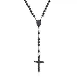 Stainless Steel Beaded Rosary Cross Necklace –6MM Crucifix Cross Medallion Rosary Chain Y-Necklace for Women & Men Religious Jewelry Comes in Silver, Gold, Rose, Black Color with a Gift Box (BB)