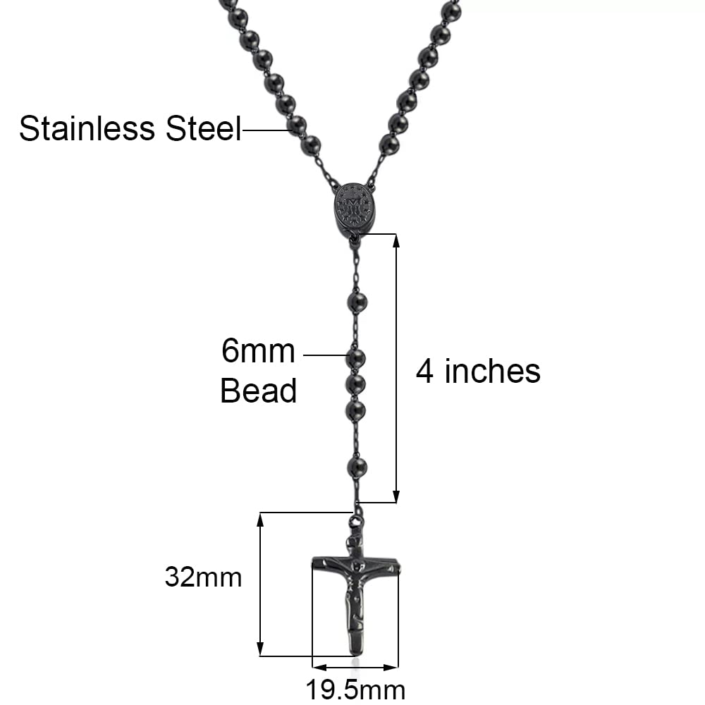 Stainless Steel Beaded Rosary Cross Necklace –6MM Crucifix Cross Medallion Rosary Chain Y-Necklace for Women & Men Religious Jewelry Comes in Silver, Gold, Rose, Black Color with a Gift Box (BB)